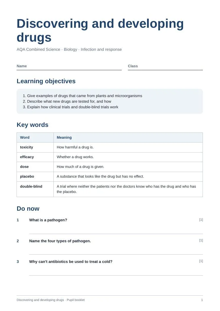 Booklet first page with name and class, learning objectives and key words