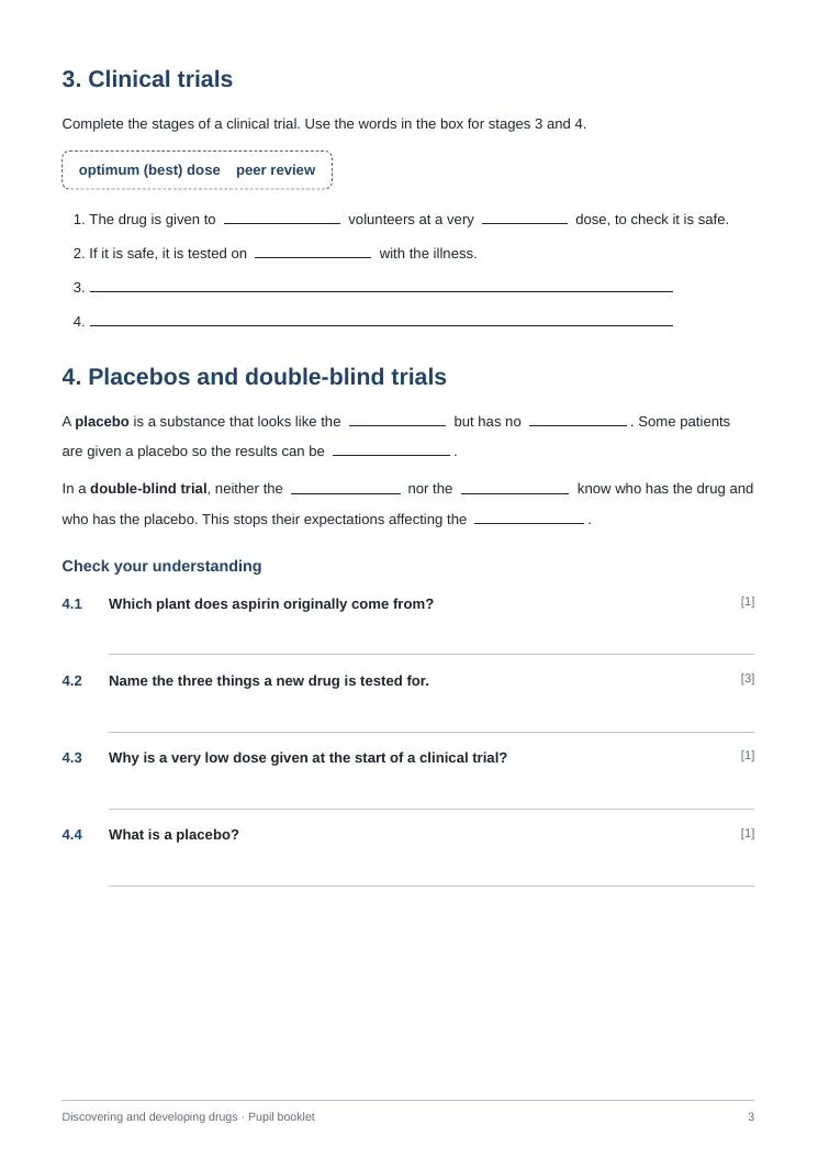 Booklet page with gaps to complete and questions